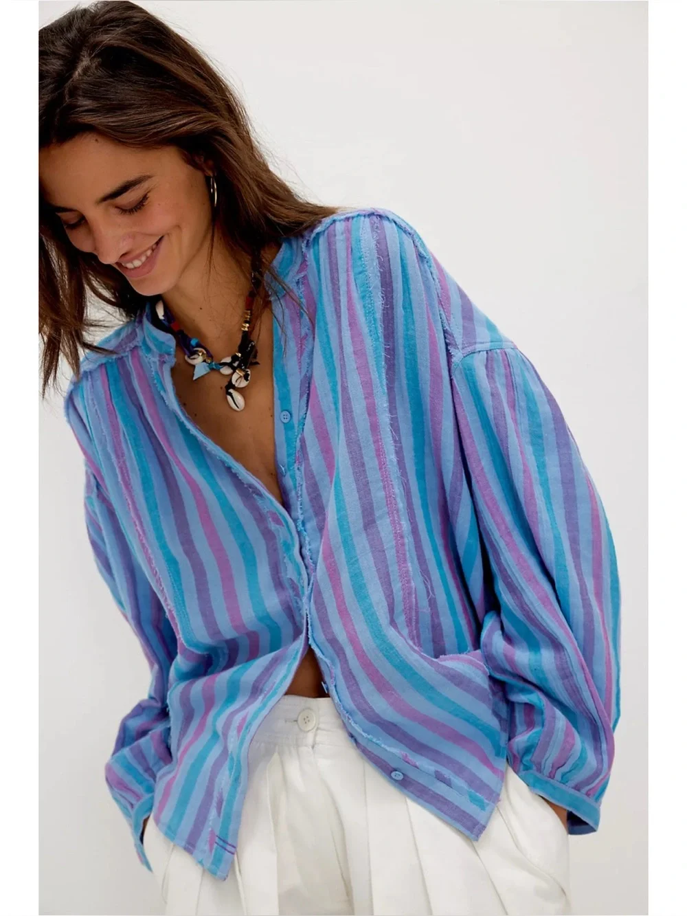 Free People We The Free Striped Valley Double Cloth Shirt in Blue Purple - Picture 1 of 7
